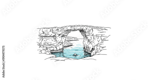 Scenic coastal arch with placid waters and stunning rock formations in line art style