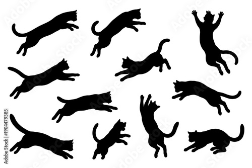 Dynamic silhouettes of jumping cats in various poses against white background.