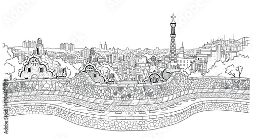 Intricate linear city skyline with park and architectural landmarks