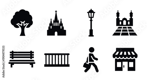 Urban icons set: simplistic silhouettes of city life elements