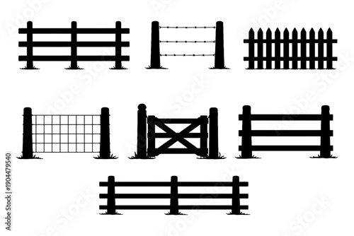 Silhouette collection of various fence types.