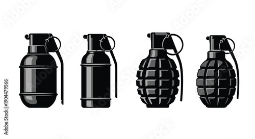 Four black silhouettes of hand grenades displayed in a row