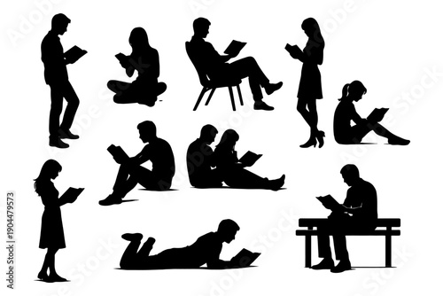 Silhouettes of people reading: diverse ages and poses in various positions.
