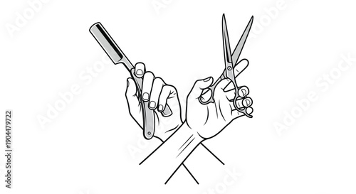 Two hands holding cutting tools a straight razor and scissors