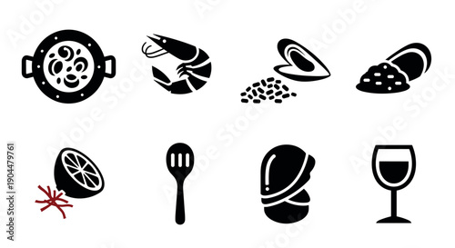 Silhouette seafood icons: shrimp, mussels, paella, saffron, wine