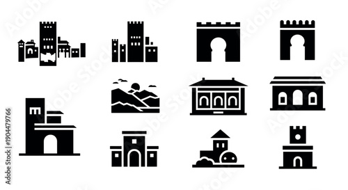 Minimalist black silhouette icons of castles and historic buildings