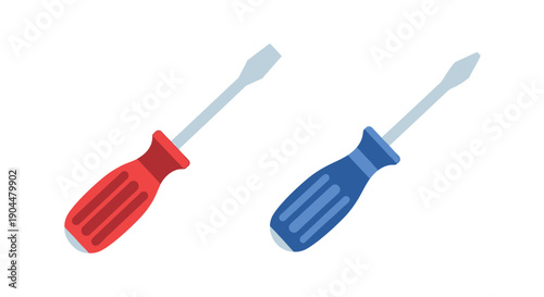 Two screwdrivers a flathead with a red handle and a philips with blue