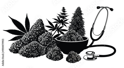 Medical cannabis plants with a stethoscope and pills black and white illustration