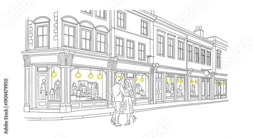Elegant street scene with fashionable boutique and strolling couple in minimalist line art