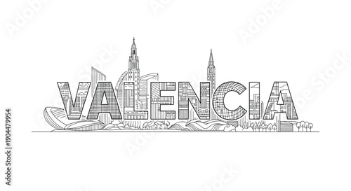 Valencia cityscape in monochrome linear style featuring iconic landmarks