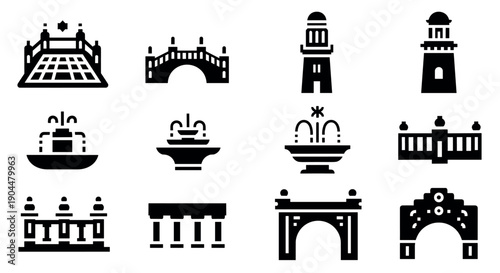 Icon set of silhouette city landmarks and architectural structures