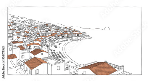 Serene coastal townscape at sunset with minimalist line art touch