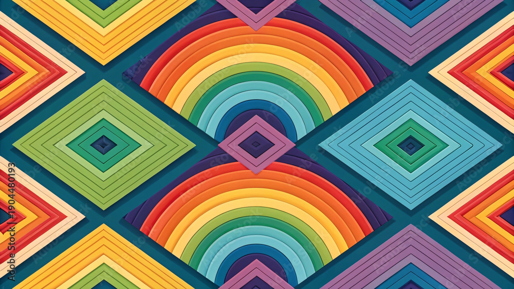 Obraz premium Colorful geometric pattern with rainbow diamonds and concentric semicircles art design