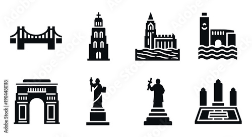 Iconic global landmarks silhouette set: bridges, statues, and towers in bold black design