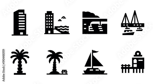 Urban and coastal icon set featuring buildings, palm trees, and boats in black silhouette style