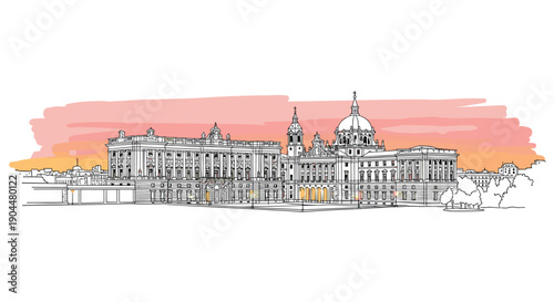 Linear cityscape with sunset background featuring historic architecture