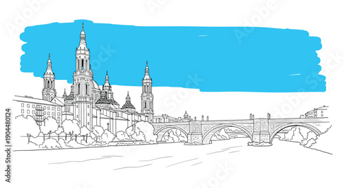 Elegant line art of historic cathedral and bridge against a clear blue sky