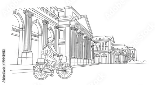 Elegant linear cityscape with cyclist and classical architecture in urban setting