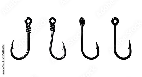 Four different black fishing hooks displayed in a simple arrangement