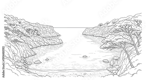 Scenic coastal landscape with rocky cliff and calm sea in linear black and white style