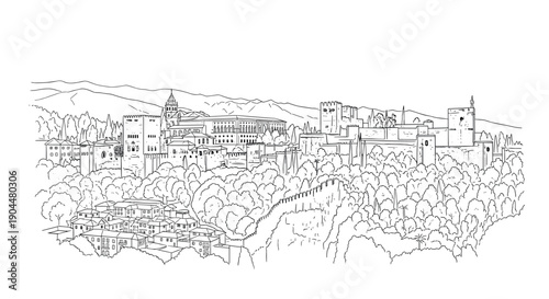 Granada cityscape: detailed linear drawing of alhambra with scenic surroundings