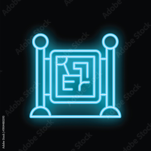 Glowing blue neon city park map sign showing visitors which route to take