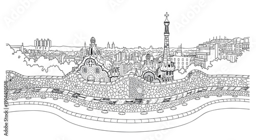 Hand drawn cityscape of park güell in barcelona with iconic architecture