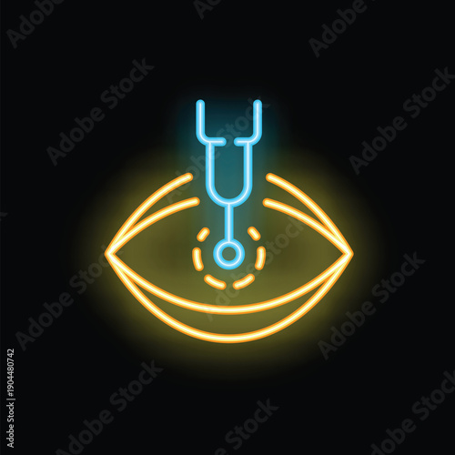 Neon icon of an ophthalmologist's tool performing laser surgery on an eye, representing vision correction and eye care