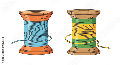 Two wooden spools of thread with vibrant colored yarn winding around them