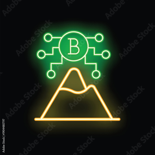 Neon sign illustrating the concept of bitcoin network connecting a mountain top