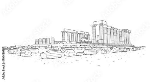 Ancient greek ruins with columns and stones in line art style