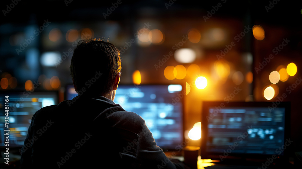 Fototapeta premium Silhouette of person in front of multiple glowing computer screens displaying complex data, anonymous monitoring operations, cybersecurity workspace, digital analytics environment, dramatic