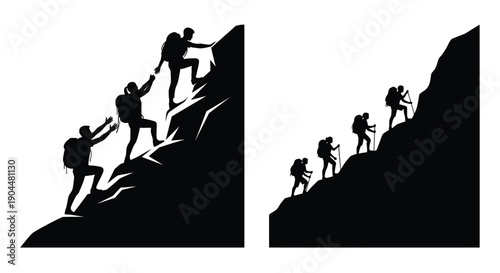 Silhouettes of people helping each other climb a steep mountain