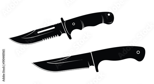 Black and white illustration of two combat knives a large and a smaller one