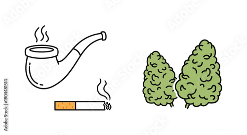 A smoking pipe and two stylized green bushes side by side