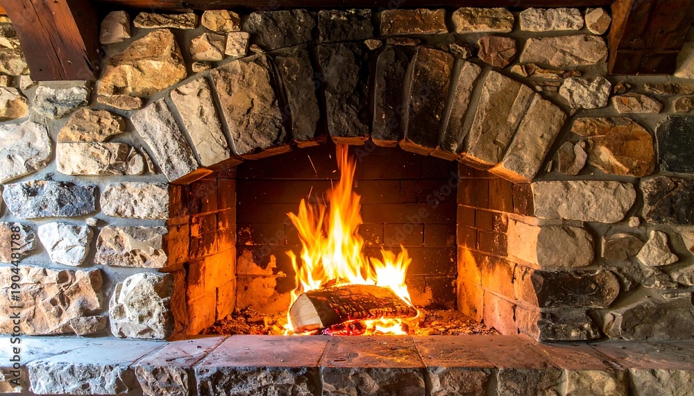 Obraz premium Cozy Stone Fireplace with Roaring Fire and Warm Ambiance.