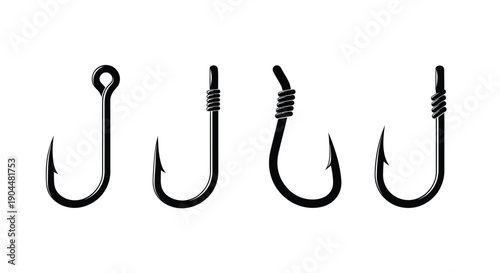 Four different black fishing hooks displayed in a row on a white background