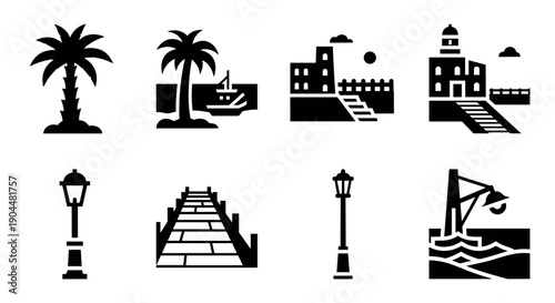 Black and white urban silhouettes: cityscape, palm trees, and nautical elements