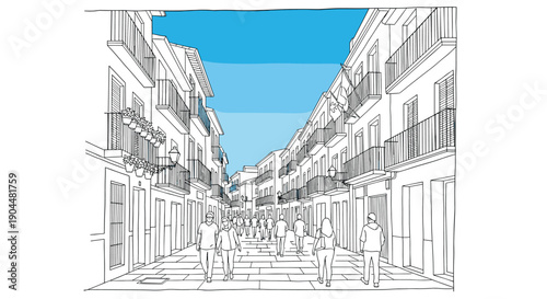 Linear urban street scene with people walking in european-style architecture