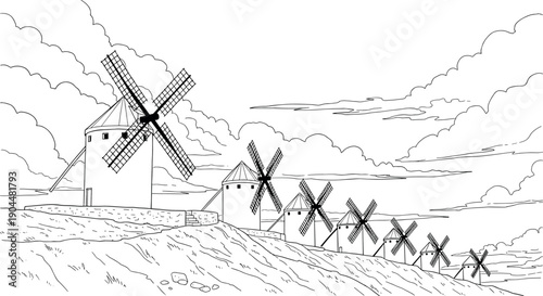 Historic windmills in countryside landscape with cloudy sky outline drawing