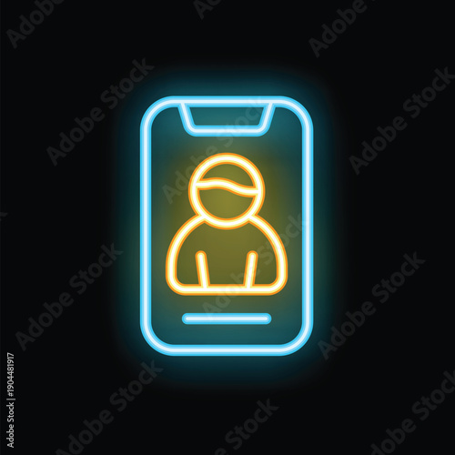 Neon smartphone showing user profile icon on screen on black background