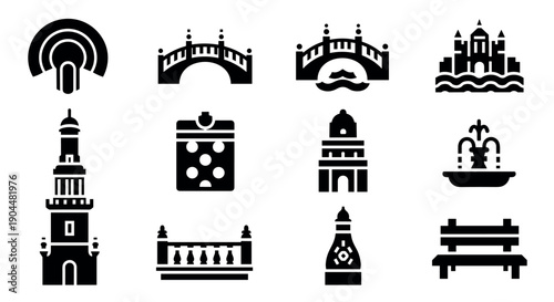 Icon set of monuments and bridges in minimalist silhouette style