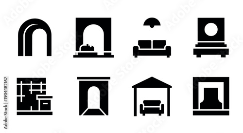 Modern minimalist home interior icons set: furniture and architecture silhouettes