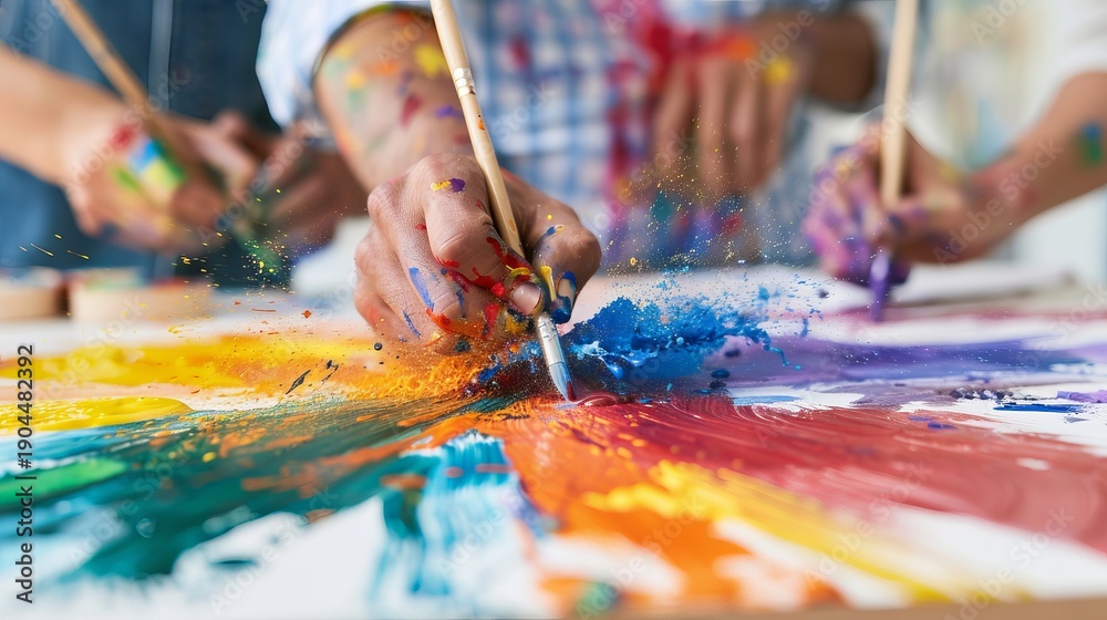 Fototapeta premium Four friends create art together at an art studio. They use brushes and colorful paints on a large canvas. Laughter fills the room as they share this fun moment