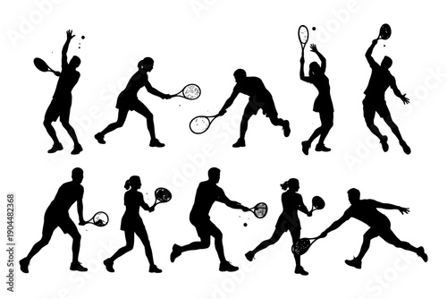 Silhouettes of diverse tennis players in dynamic sports action.