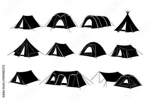 Silhouette collection of diverse tent designs and styles for camping enthusiasts.