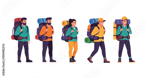 Diverse group of hikers walking in a line with full backpacks