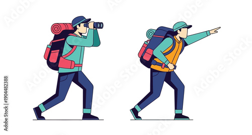 Two hikers explore one photographing and the other pointing the way