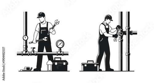 Two plumbers working on industrial pipes with tools and gauges