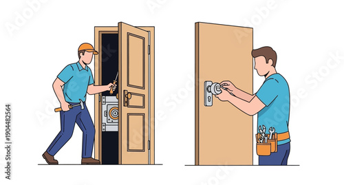 Two locksmiths working on a door lock one inside and one outside